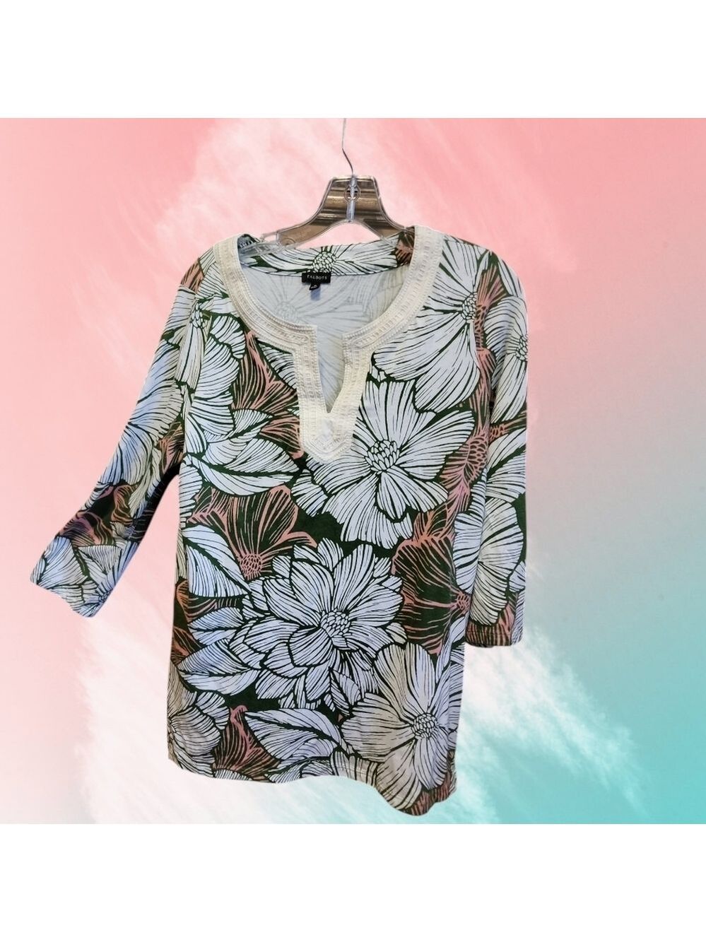 Talbots Floral Embellished V Neck 3/4 Sleeve Cotton Blend Tunic Top Medium T46